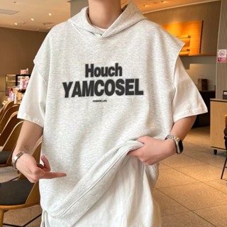 【HOT 本舖】男裝 日系少年感假兩件短袖T恤男夏季潮牌寬鬆休閒青少年連帽套頭上衣