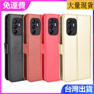 適用OPPO Reno6 Pro手機殼插卡掛繩保護套Reno6 4G翻蓋皮套瘋馬紋