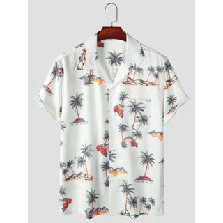 男士夏威夷襯衫 - 棕櫚樹印花,休閒系扣短袖,適合暑假和度假穿著