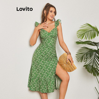 Lovito 波西米亞 花卉結構線條荷葉邊下擺女式連身裙 LBL08162