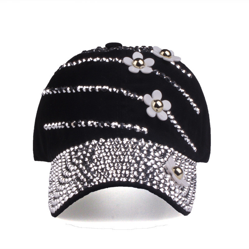 帽子春夏新款女士棒球帽四朵花鑲鑽鴨舌帽韓版貼花遮陽帽
