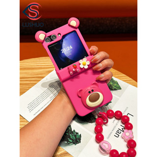 SAMSUNG Lushuo 手機殼適用於三星 Galaxy Z Flip 6 5 4 3 可愛 3D 熊玫瑰紅 3 合