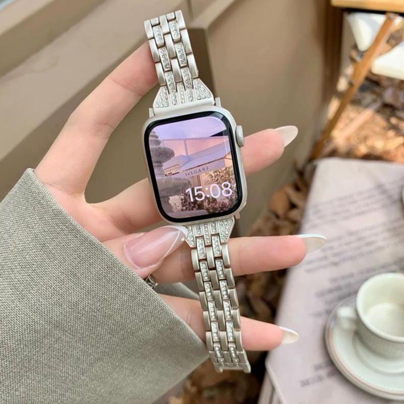 適用於蘋果手錶錶帶 apple watch9 時尚款五珠雙排鑽錶帶 iwatch 4 5 6 7 8 替換錶帶
