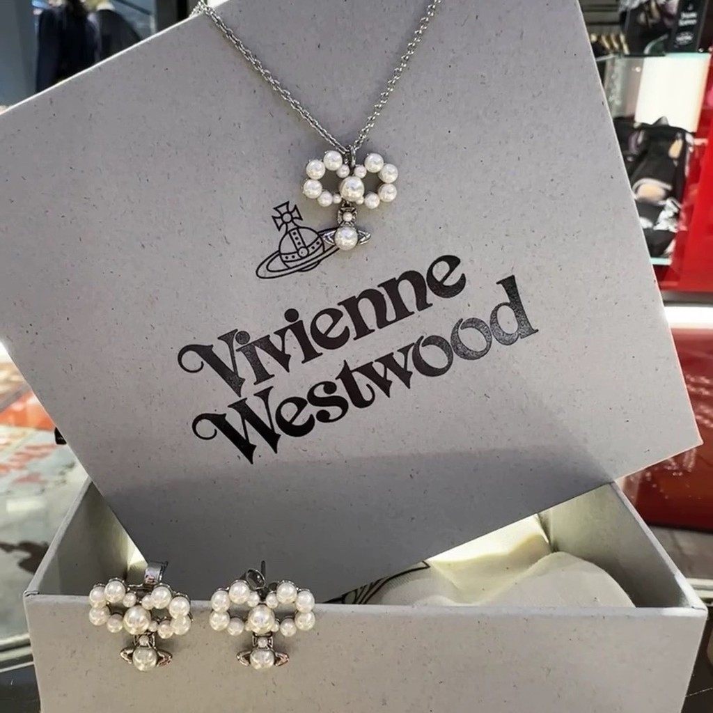 Vivienne Westwood 珍珠蝴蝶結吊墜土星耳環項鍊高級感氣質冷淡風毛衣鏈耳環女