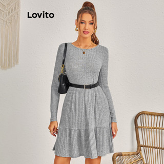 Lovito 女款休閒素色荷葉邊下擺疊層連身裙 LBL11151