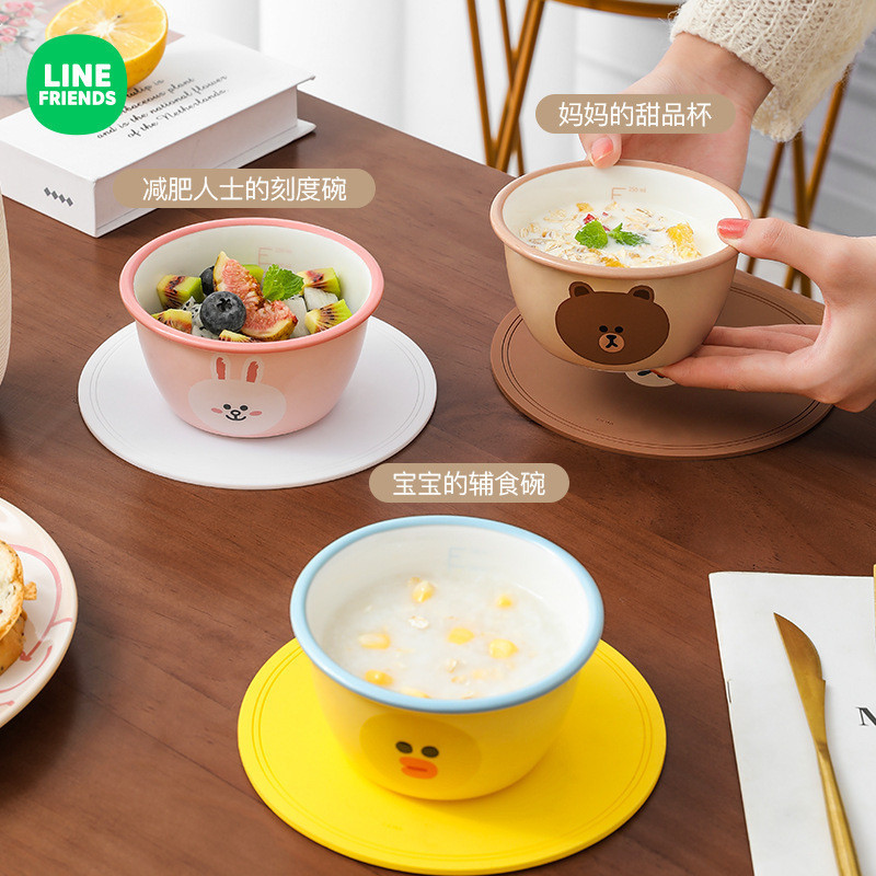 LINE FRIENDS創意陶瓷餐具帶刻度杯兒童食品級減脂早餐可愛甜品泡麵碗 陶瓷碗 直口碗 拉麵碗 飯碗