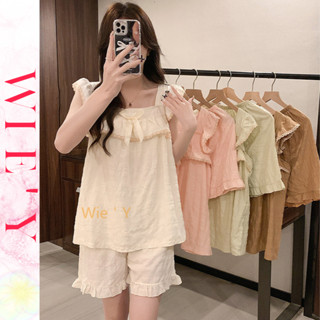 🌸WIE' Y🌸「兩件式睡衣」帶胸墊睡衣 睡衣套裝 女生家居服 夏季甜美短袖休閑睡衣女 韓國睡衣 荷葉居家服 棉質睡衣