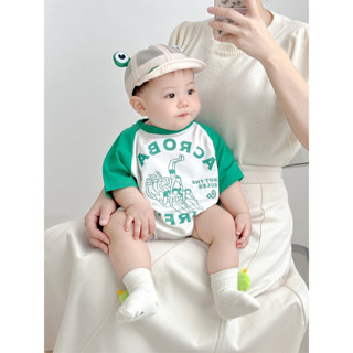 AKUI⚡韓版夏季0-2歲嬰兒短袖包屁衣帽子襪子三件式 男女寶寶衝浪英文字母短袖連身衣爬服哈衣