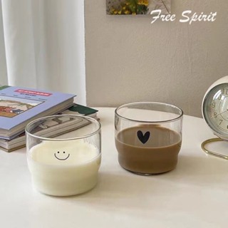 【Free Spirit】ins風卡通愛心笑臉玻璃杯家用早餐杯咖啡杯 水杯 牛奶杯 辦公室 耐熱 飲料杯 韓系玻璃杯