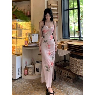 💖臺灣出貨💖細肩帶洋裝 渡假長洋裝 海島吊帶裙 玫瑰印花吊帶連衣裙女夏季設計感修身顯瘦純欲性感盪領長款包臀裙