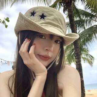 ✨Pyk派克✨美式複古星星西部牛仔帽女夏季遮陽防曬登山帽戶外露營漁夫帽齣遊