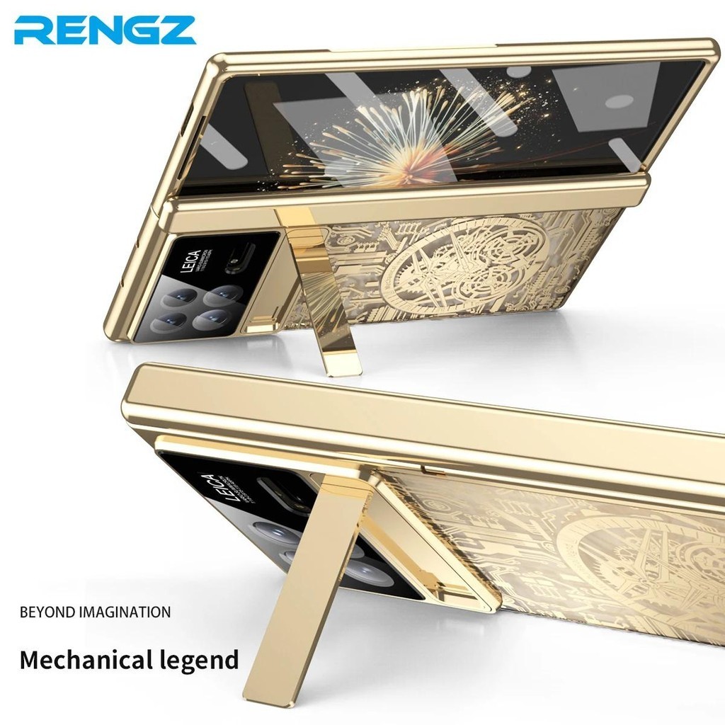 XIAOMI Rengz 機械電鍍透明支架鉸鏈保護殼適用於小米 Mix Fold 3 5G 帶玻璃屏幕蓋適用於 Mix