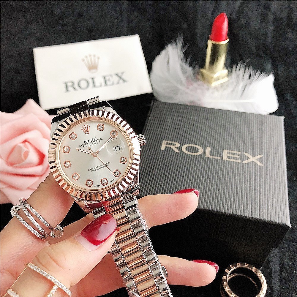 R勞力士勞力士原木型系列石英機芯日期顯示女錶瑞表31mm珍珠錶盤18ct蠔鋼錶殼金錶帶