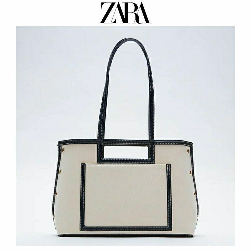 Zara 女士帆布手提單肩包 2024 新款家用托特包通勤包媽媽包女士購物袋