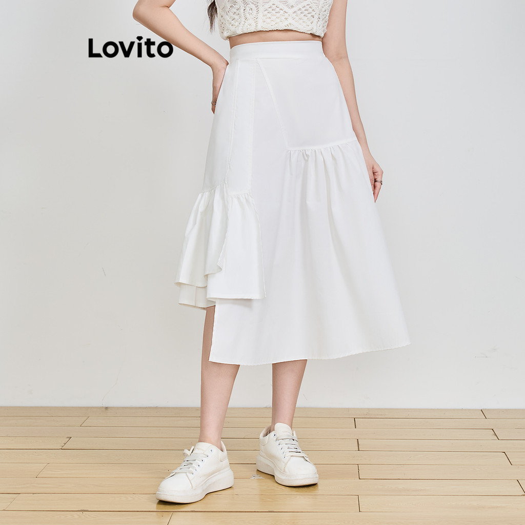 Lovito 波西米亞 女款素色不對稱百褶裙 L83ED303