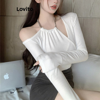 Lovito 女士休閒素色褶飾鏤空 T 恤 LNA47002