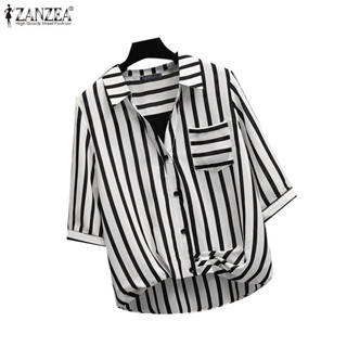 Zanzea 女式韓版休閒寬鬆條紋翻領半袖鈕扣前襟上衣