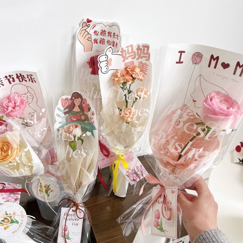新款母親節單支套袋鬱金香康乃馨單隻袋花藝包裝紙花店鮮花包裝
