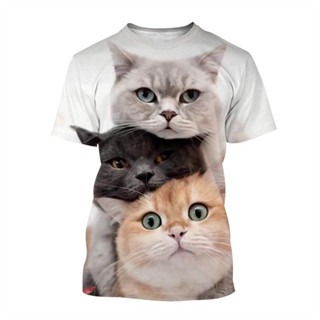 可愛貓咪 3D 印花 T 恤男式女式動物夏季原宿短袖寬鬆上衣 T 恤圓領童裝