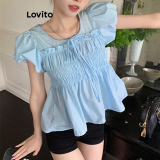 Lovito 女士休閒素色褶皺荷葉邊泡泡袖襯衫 L82AD006