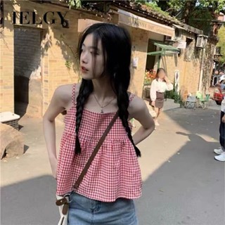 IELGY 甜美可愛格子吊帶背心女寬鬆無袖蓬鬆上衣