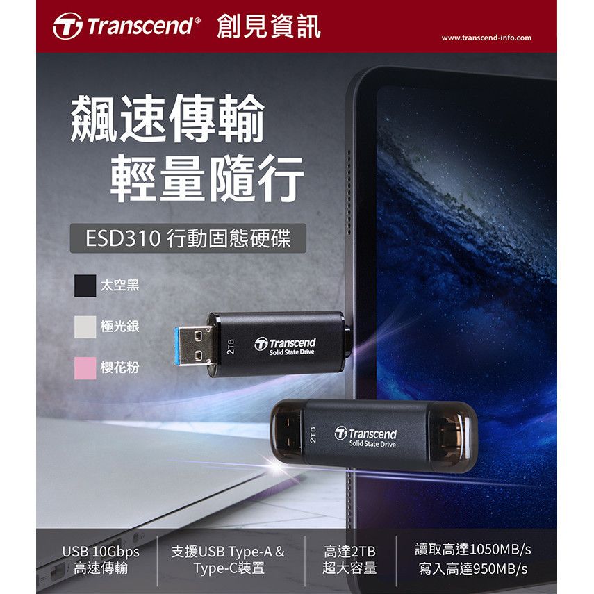 【Transcend 創見】ESD310C 1TB USB3.2 雙介面固態行動碟-太空黑