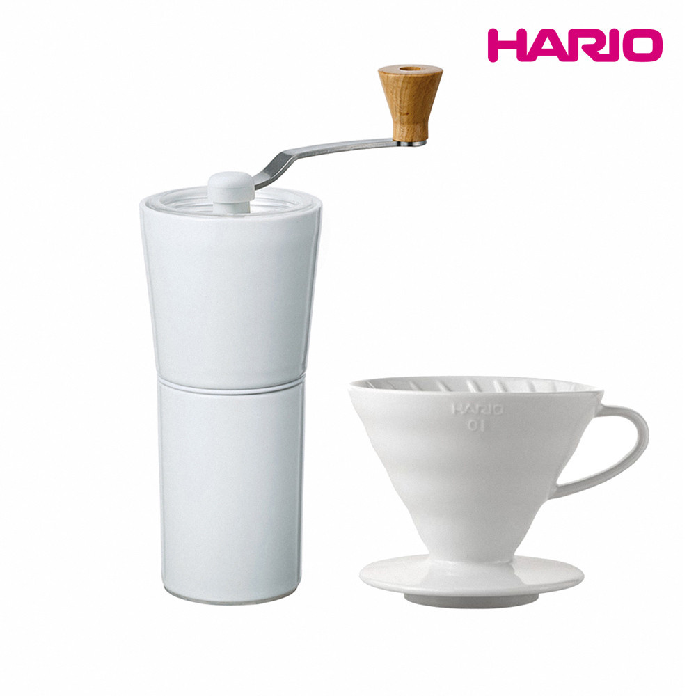 【HARIO】純白系列 V60 簡約磁石手搖磨豆機_白色_濾杯01/02超值組 手沖咖啡濾杯 V型濾杯 有田燒