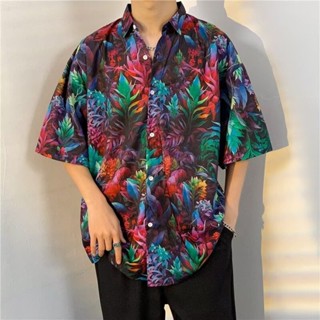 夏季新款短袖花襯衫男大尺碼寬鬆夏威夷沙灘花襯衫