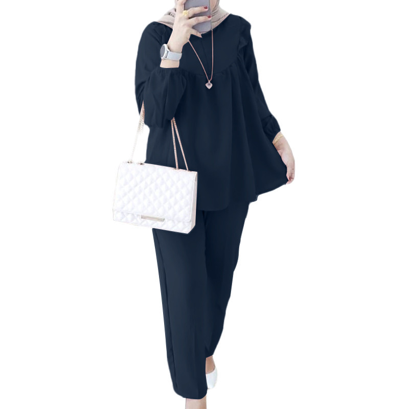 Hijabista 女士穆斯林休閒長袖圓領上衣 + 闊腿褲套裝
