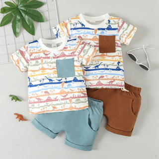 0-3 歲男孩恐龍印花上衣+短褲套裝嬰兒沙灘短袖 T 恤 2 件套裝男嬰棉質 T 恤