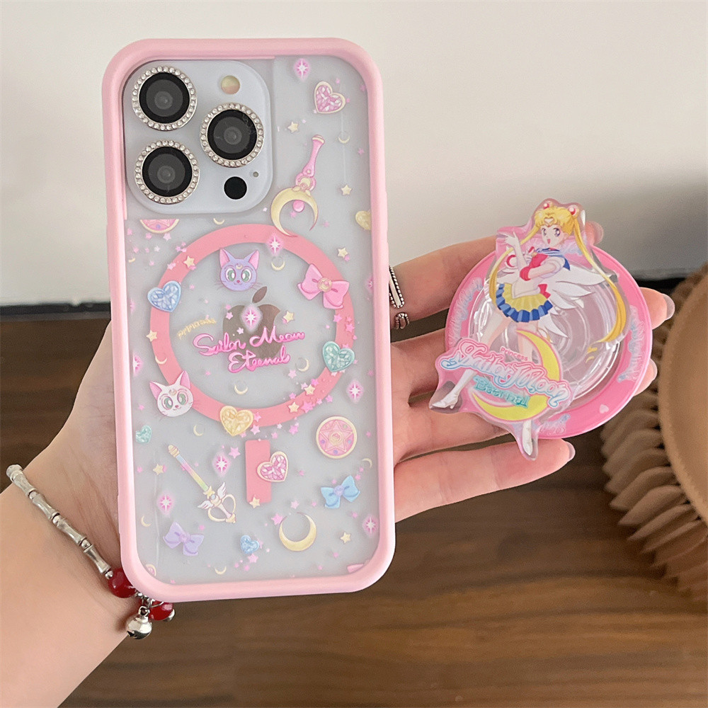 SAILOR MOON 可愛的動漫美少女戰士油畫粉色磁性無線支架支架透明手機殼兼容 IPhone 15 14 13 12