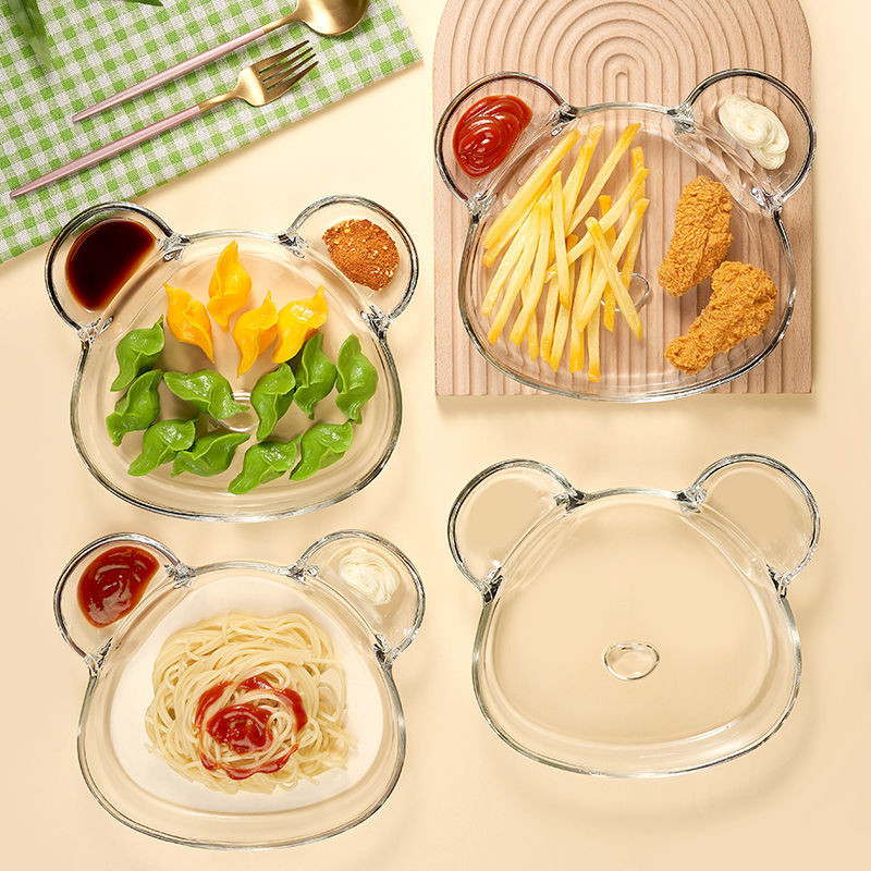 透明玻璃分格盤簡約平菜盤海鮮蝦盤餃子盤子帶蘸料碟小吃盤水果盤