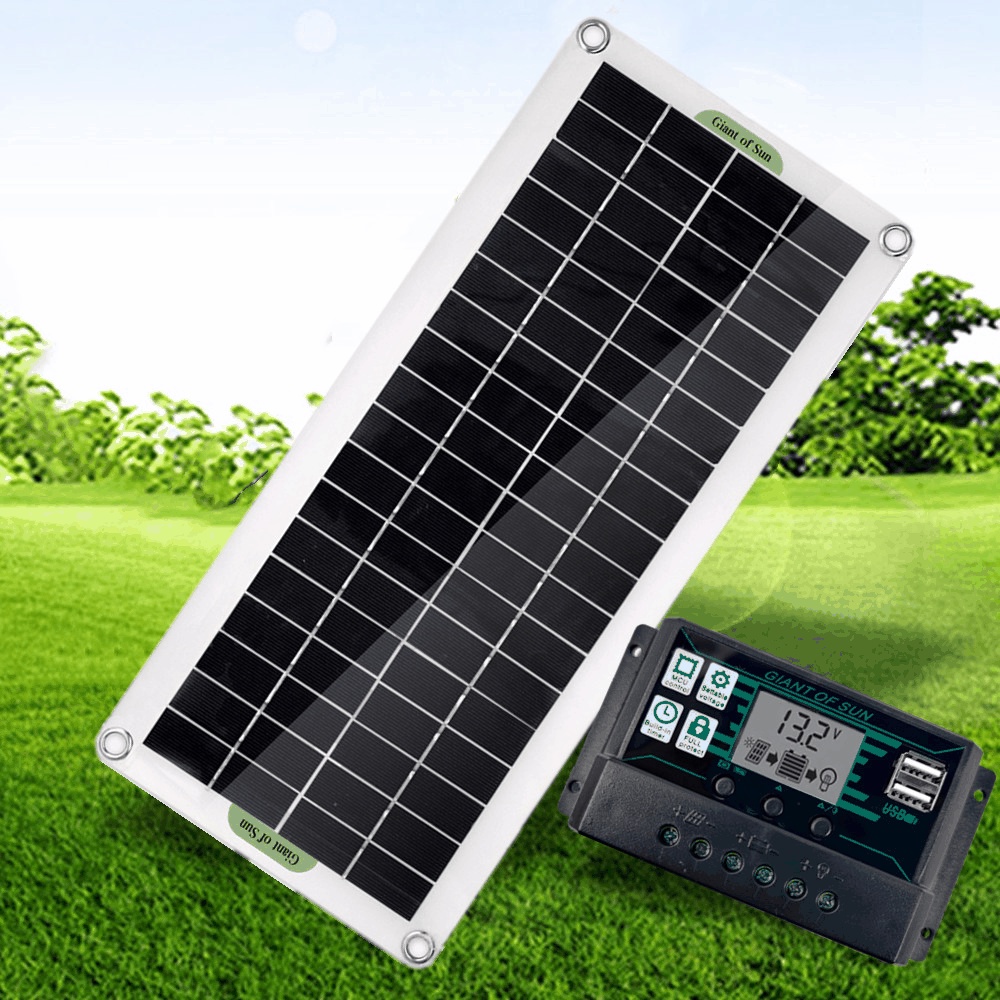 多晶30W柔性多晶太陽能電池板+100A控制器雙USB穩壓器充電手機12V