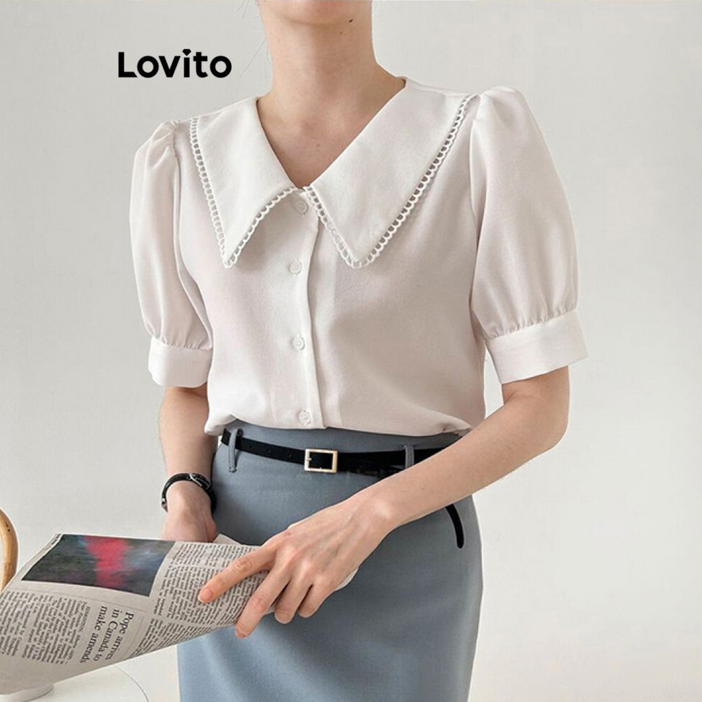 Lovito 女款優雅素色蕾絲泡泡袖襯衫 L87ED102