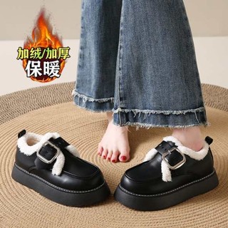 厚底 鞋 厚底福樂鞋 珍瑪莉鞋 小碼3334真皮厚底樂福鞋女2024冬季刷毛保暖毛毛棉鞋英倫風小皮鞋