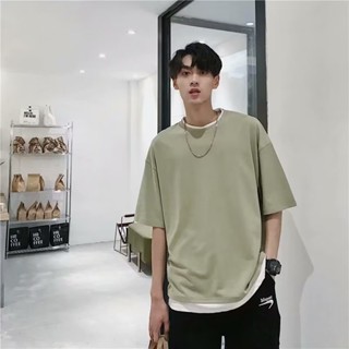 【HOT 本舖】男裝 M-2XL 夏季 假兩件 短袖t恤男 拼接圓領 潮牌 港風 寬鬆 百搭 潮流 五分袖 上衣男