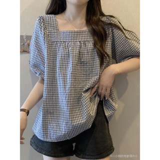 【臺灣出貨】【1436人收藏】大碼女裝胖MM娃娃衫短袖格子襯衫女夏減齡方領遮肚顯瘦雪紡衫上衣大碼女裝 胖妹妹 大尺碼