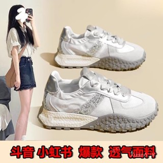Xuan🥨熱賣 銀色德訓鞋女新款夏季厚底運動休閒鞋薄款綢緞透氣百搭阿甘鞋