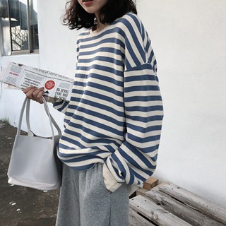 滌魚鱗薄款秋季韓版條紋長袖T恤女上衣寬鬆圓領大學T女休閒潮T 學生服閨蜜裝
