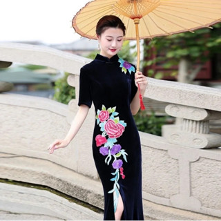 女士越南奧黛絲絨旗袍碎花刺繡國字領傳統民族宴會派對禮服