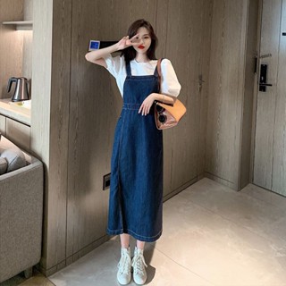 開叉牛仔揹帶裙女夏季薄款小個子顯瘦裙子包臀寬鬆長款吊帶連衣裙