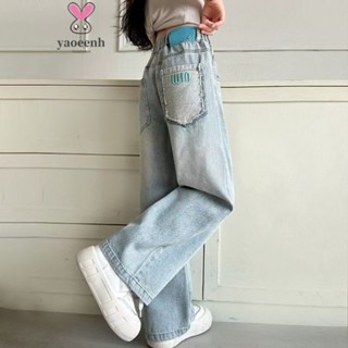 【YAOEENH】120-170CM 春秋款女童後口袋字母牛仔褲 中大童寬鬆休閒闊腿直筒褲子 現貨 快速出貨