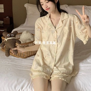 [現貨]皺皺布流蘇兔子睡衣女 夏季薄款睡衣 涼感親膚透氣 可愛短袖睡衣小兔 日系甜美家居服 睡衣套裝
