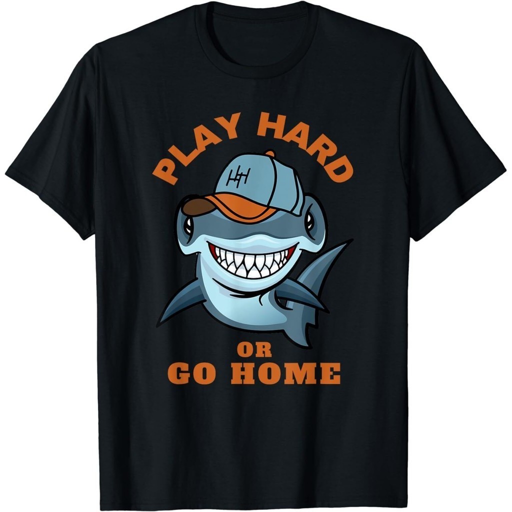 有趣的 Shark Hammerhead Play Hard Or Go Home 棒球 T 恤