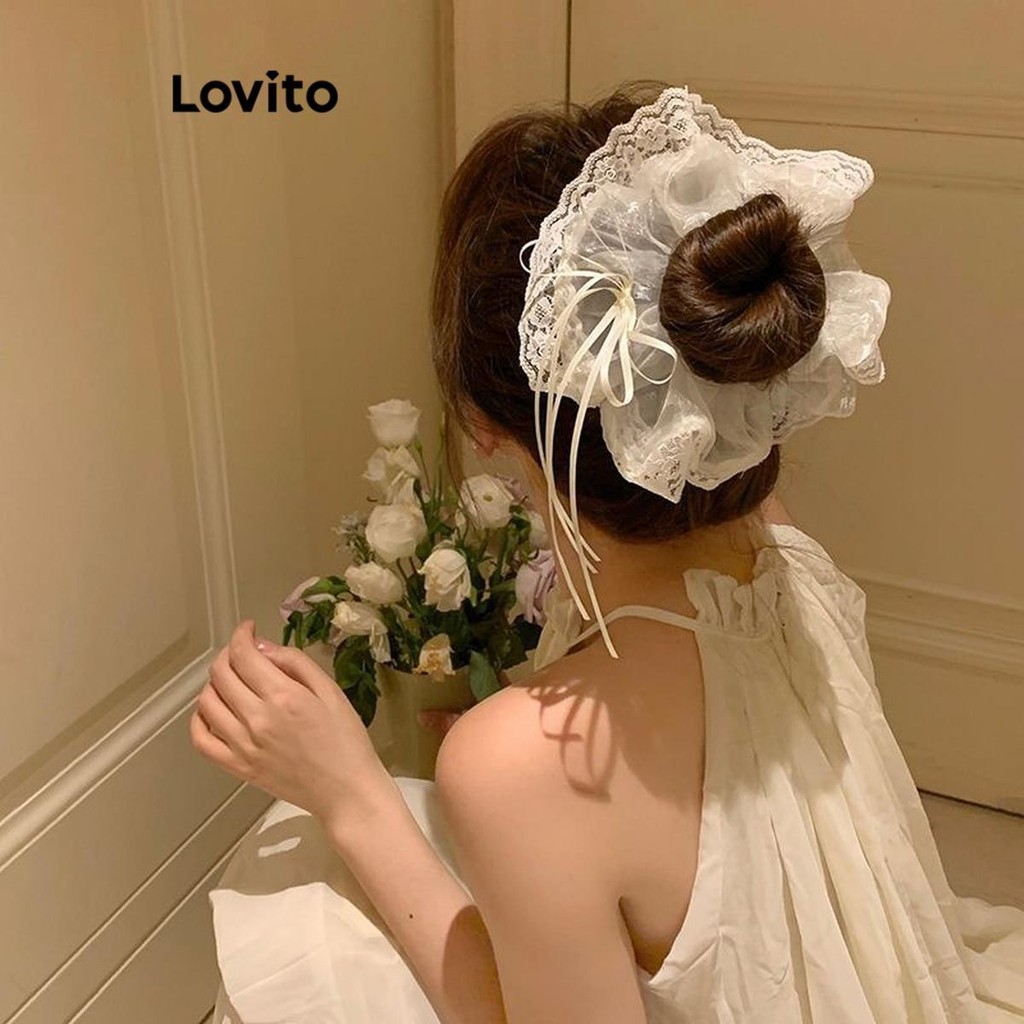 Lovito 女用休閒素色蝴蝶結蕾絲髮帶 LFA29328