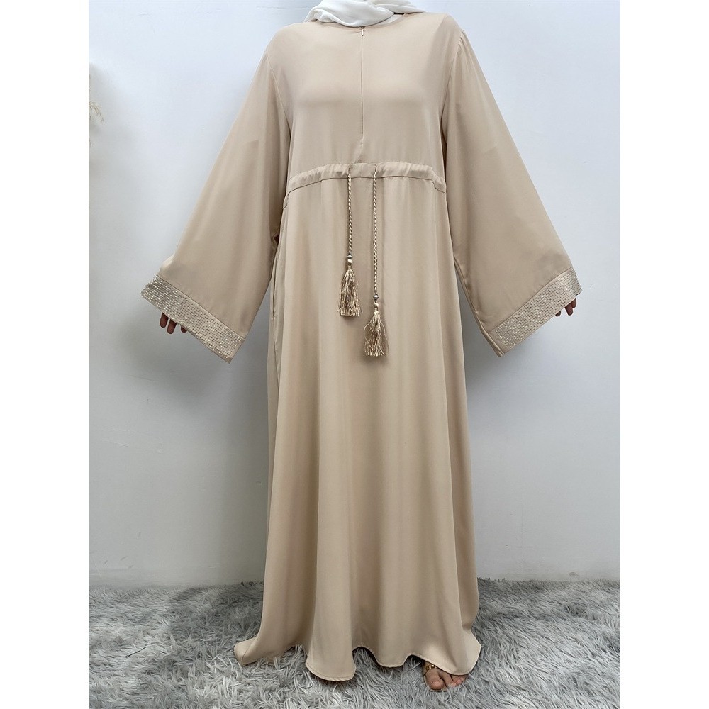 中東穆斯林時尚女裝燙鑽拼接抽繩洋裝 帶口袋長袍 6758
