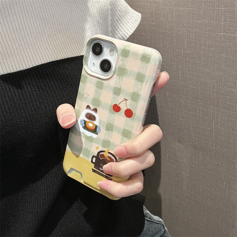 綠格子貓咪適用麵包iphone 15 14 13 12 pro max手機殼趣味菲林插卡
