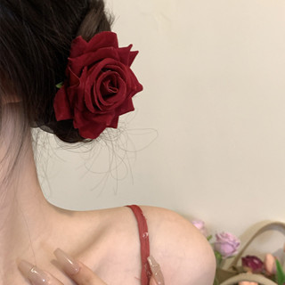 玫瑰花髮夾法式復古紅色花朵髮飾女蕾絲大腸髮圈頭飾