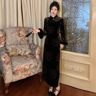 絲絨中式旗袍連身裙奢華氣質女裝黑色晚禮服（100 公斤）