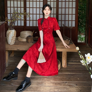 【桃喜Rich現貨】喜宴新娘敬酒服 新款小個子紅色旗袍 訂婚禮服裙女裝平時可穿回門 夏季新中式紅色洋裝 大碼短袖連衣裙